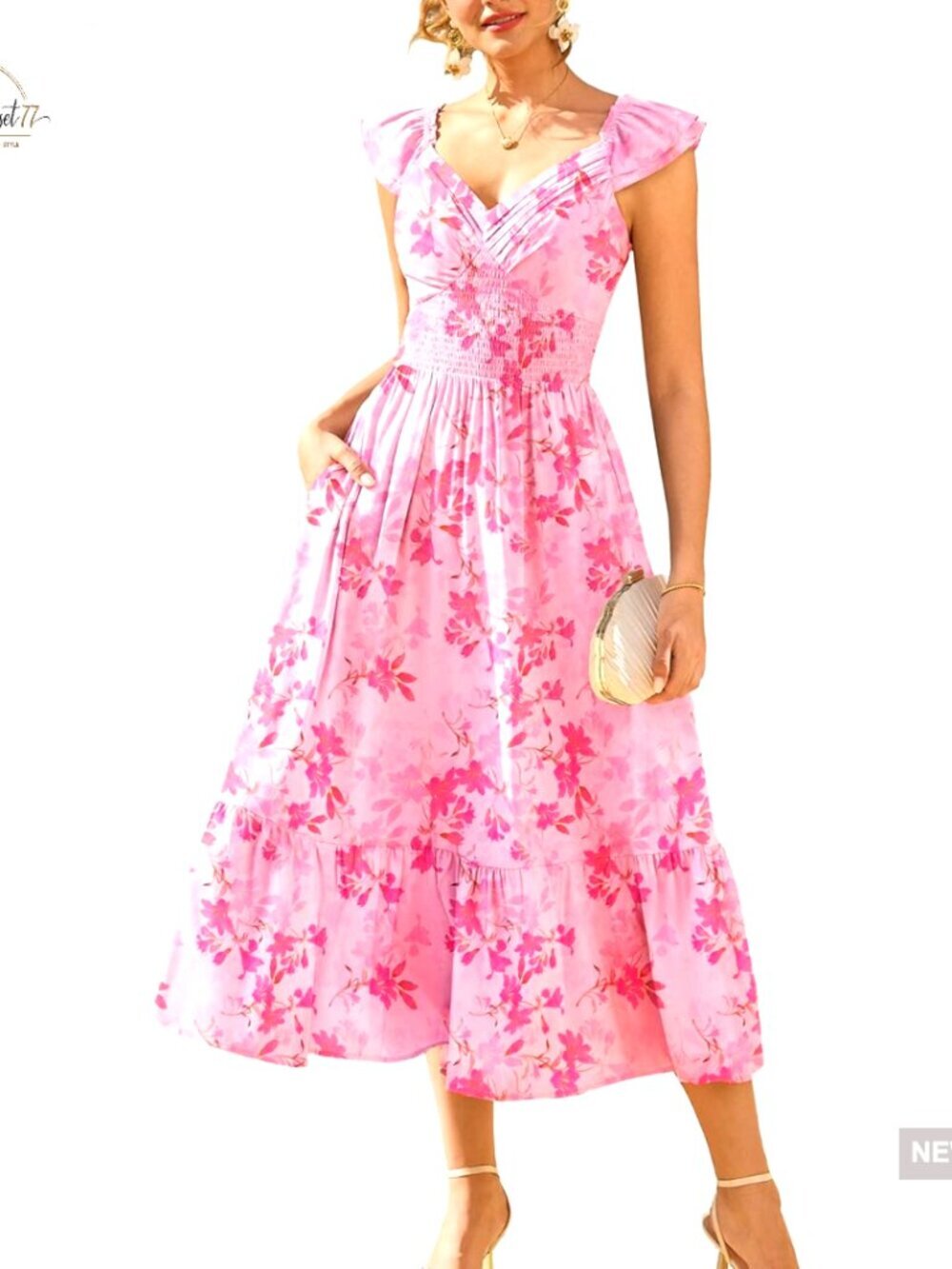 Floral Maxi Dress with Ruffle Sleeves Smocked Back Pocket Formal